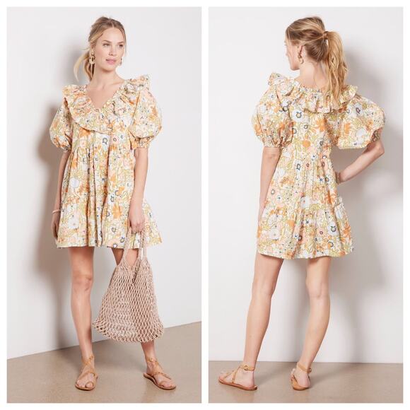 Cleobella Farrah Retro Floral Print Ruffled Puff Sleeve A-Line Poplin Mini Dress - Picture 1 of 7